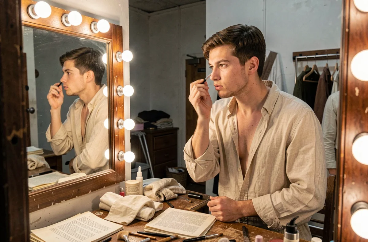 Jeune acteur se maquillant devant un miroir de loge entouré d'accessoires de costume et de scripts épars en coulisses