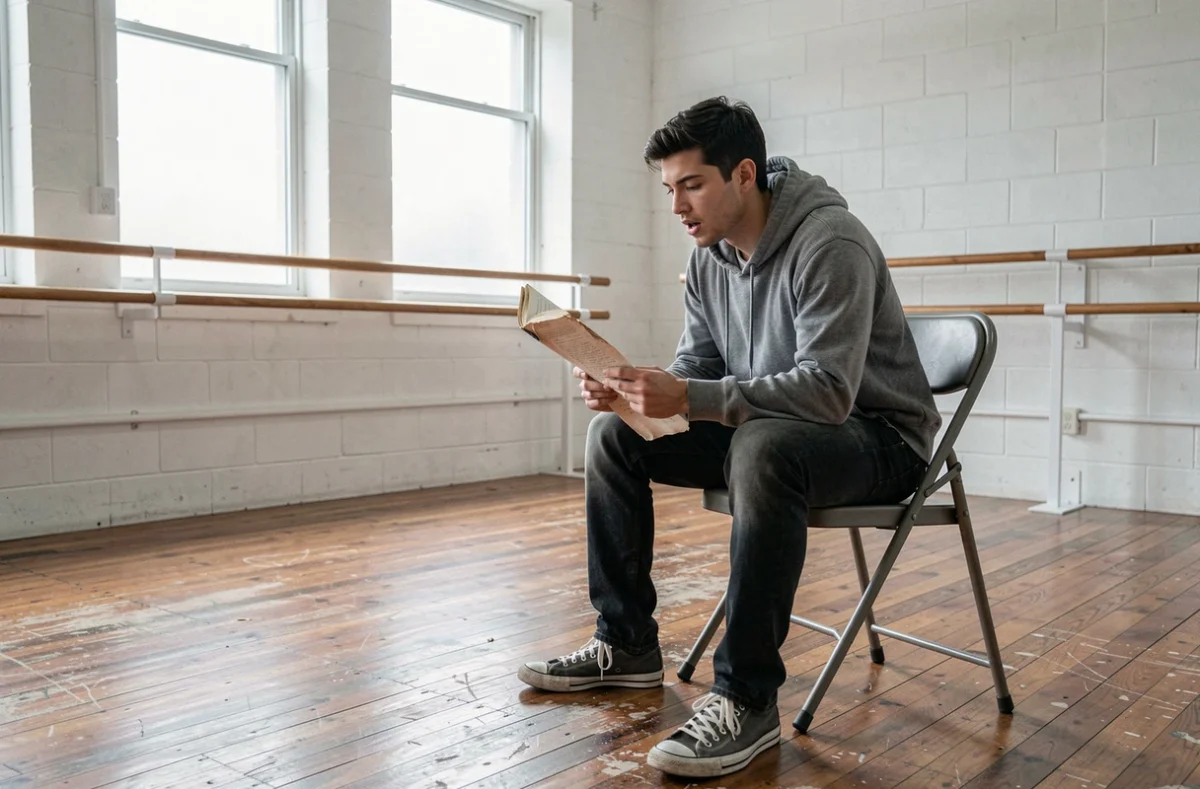 Jeune acteur seul dans une salle de répétition, absorbé dans la lecture de son script, assis sur une chaise pliante dans un espace épuré