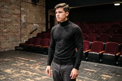 Jeune acteur en costume sombre au bord d'une scène de théâtre, regardant vers le public vide avec une expression intense et vulnérable