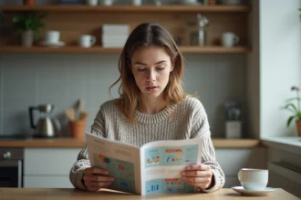 Jeune femme lisant un magazine scientifique à la maison
