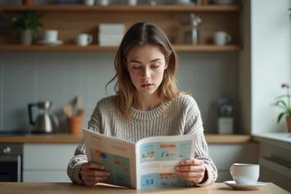 Jeune femme lisant un magazine scientifique à la maison