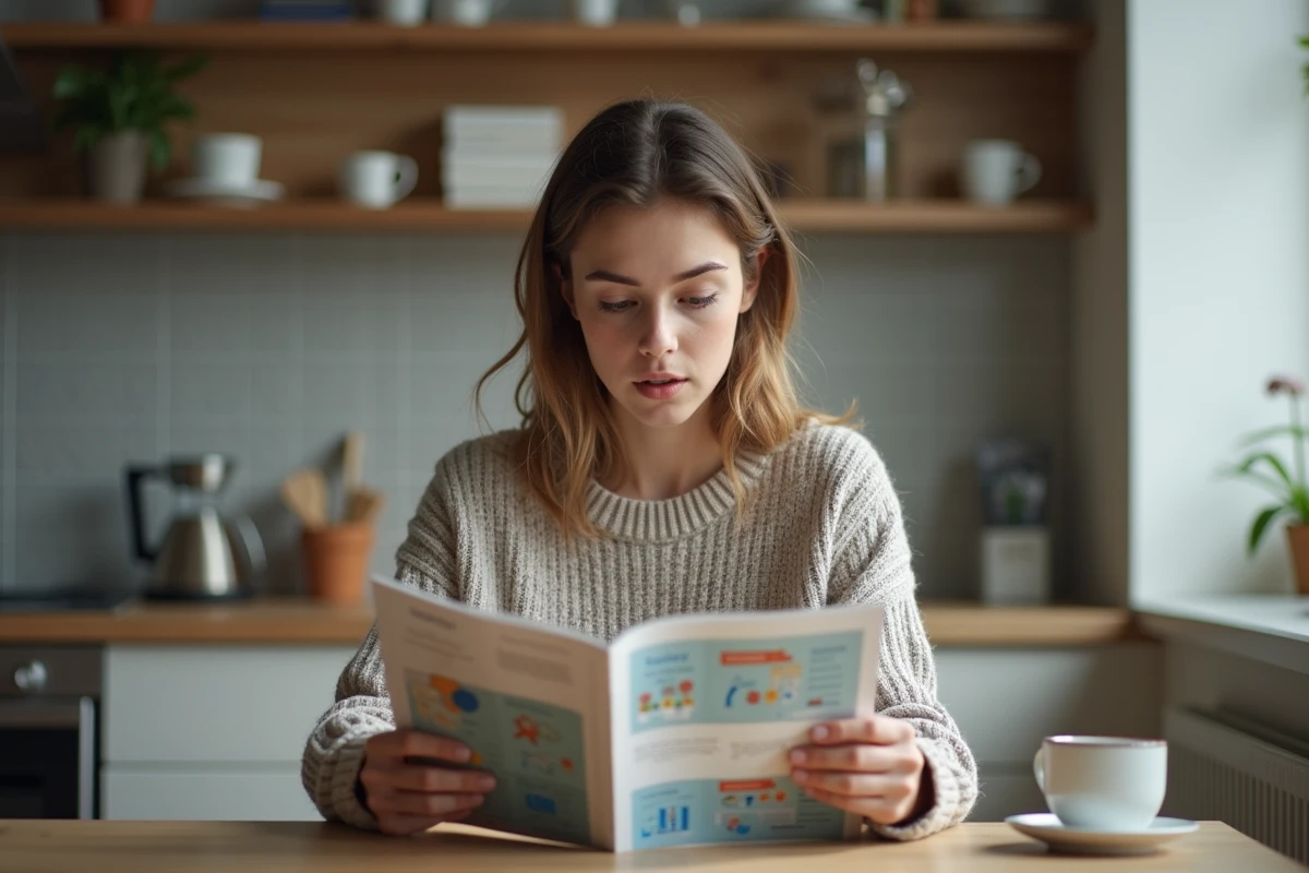 Jeune femme lisant un magazine scientifique à la maison