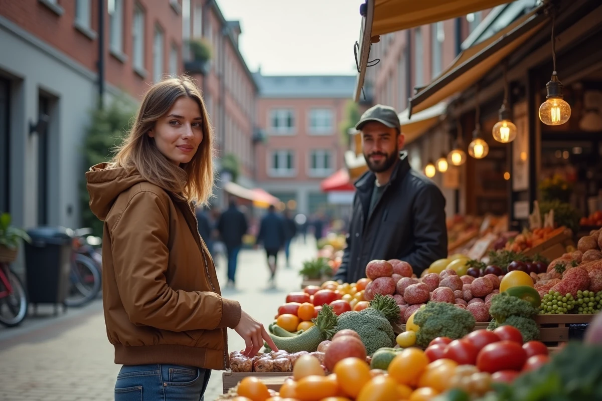 Jeune femme au marché dans un faubourg moderne