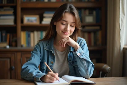 Jeune femme en denim écrit dans un carnet à son bureau