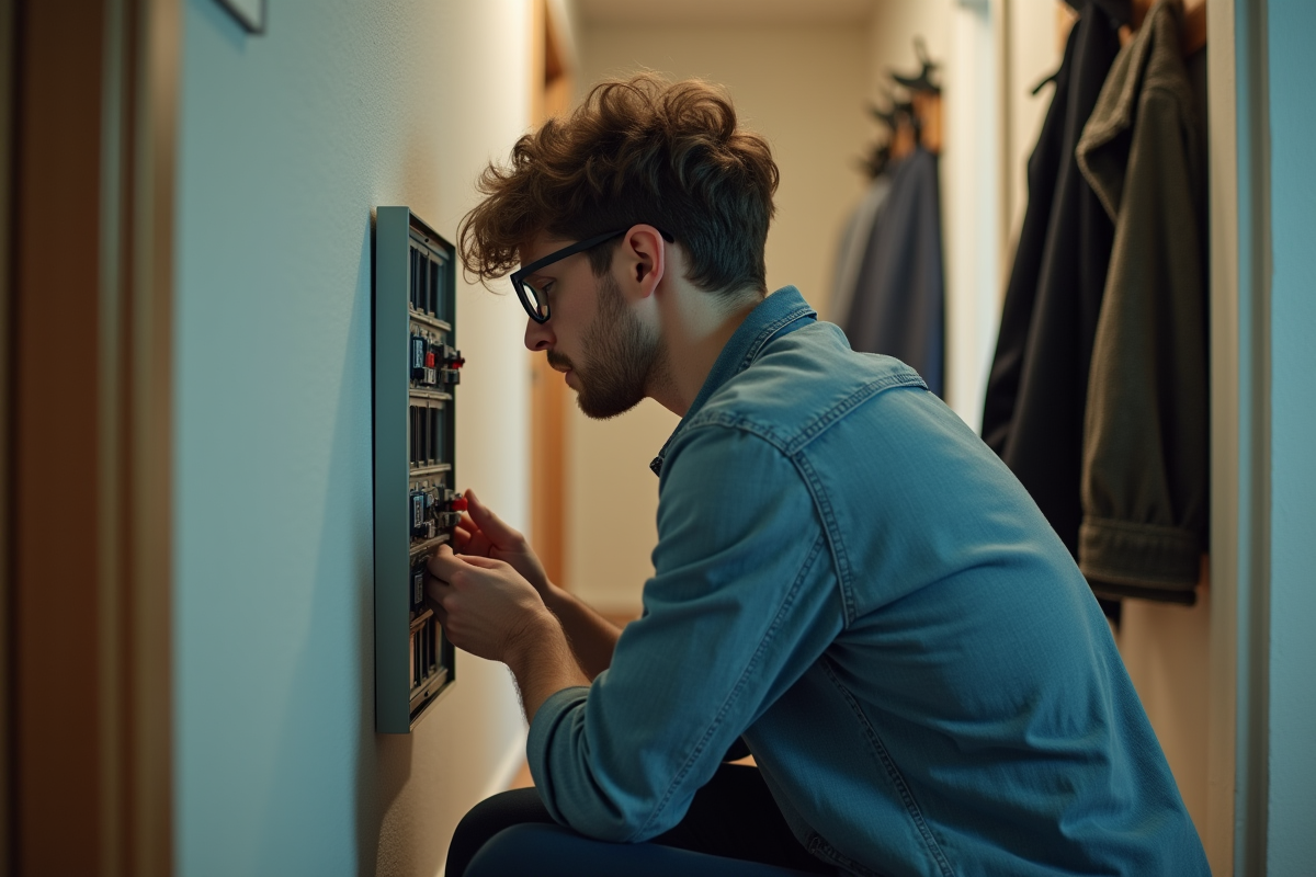 Jeune homme regardant le tableau électrique dans le couloir