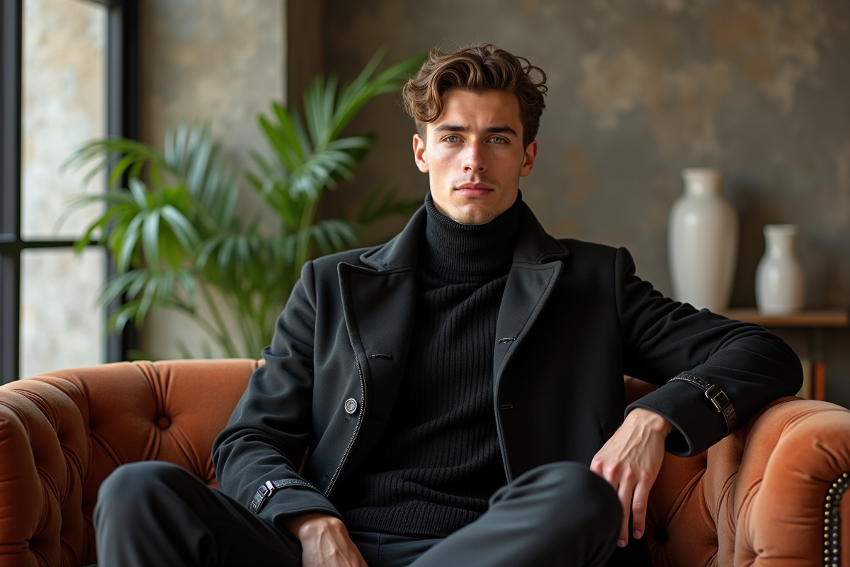 Jeune homme en trench dans un loft artistique chic