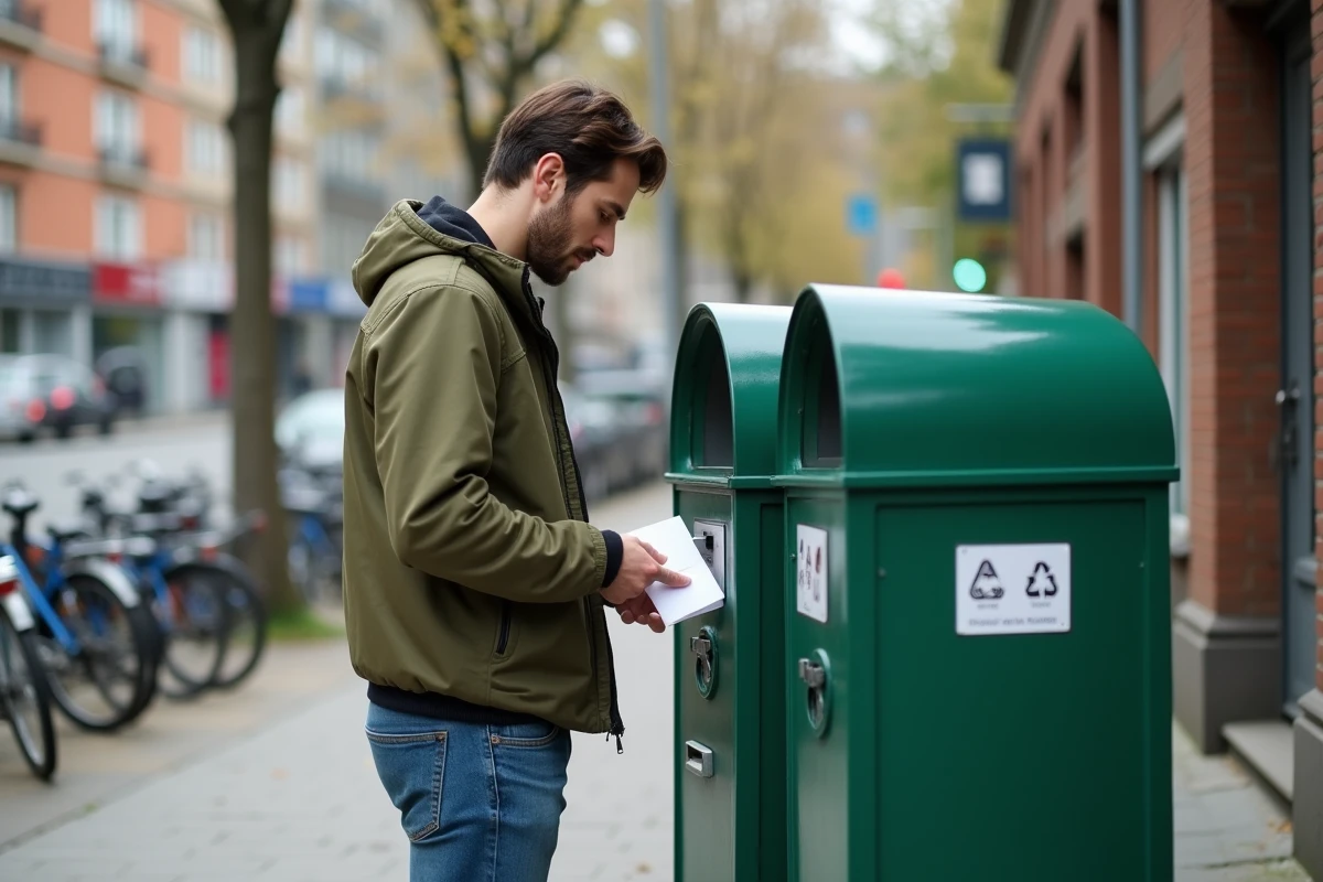 Jeune homme postant une lettre dans une boîte aux lettres urbaine