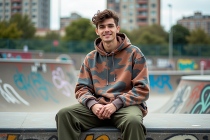Jeune homme en streetwear dans un skate park urbain