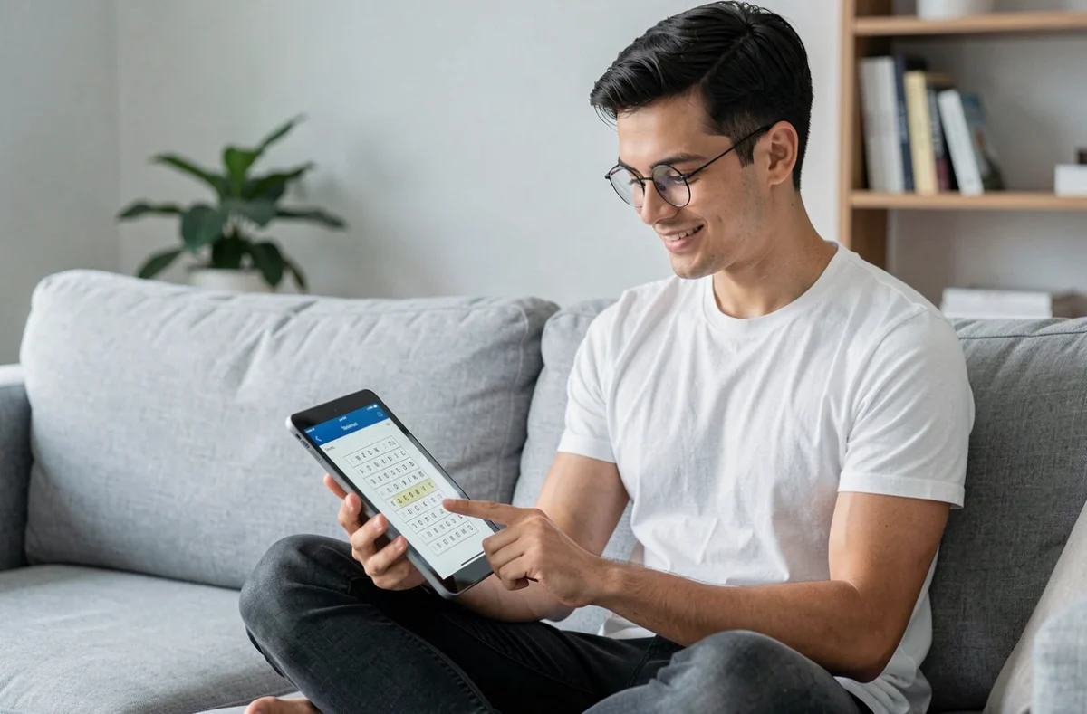 Jeune homme résolvant une grille de sudoku numérique sur tablette assis dans un salon moderne