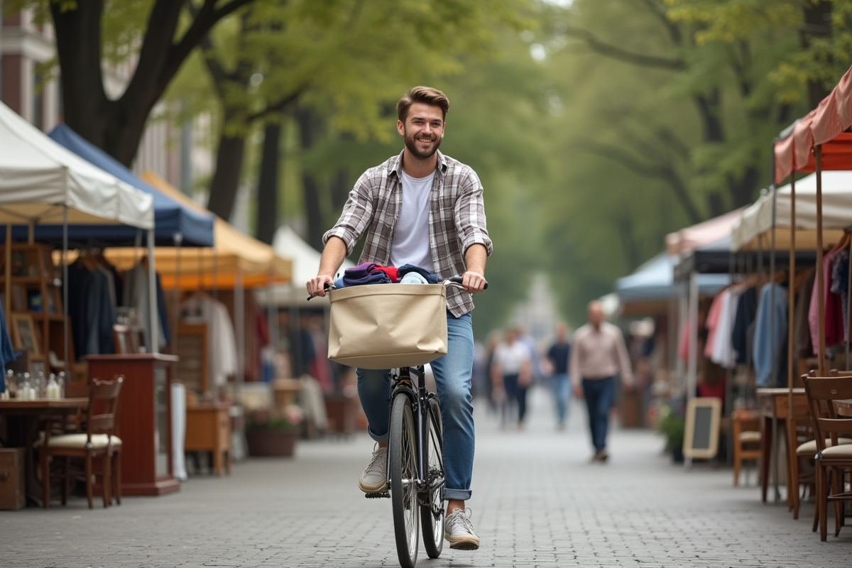 Jeune homme à vélo avec sacs de vêtements d