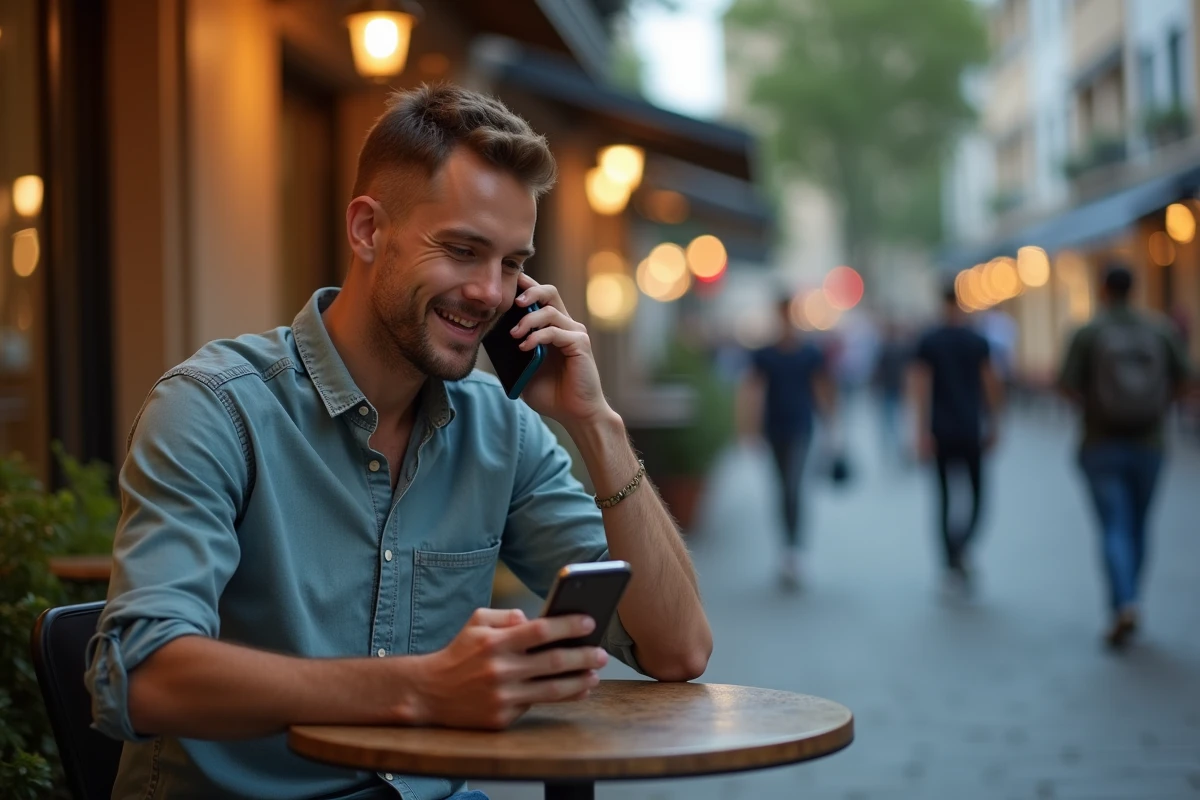 Jeune homme envoyant un message vocal au café en soirée