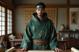 Jeune ninja en tenue traditionnelle dans le bureau du Hokage