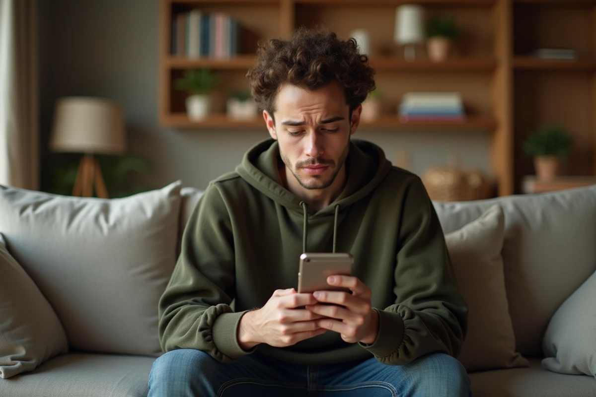 Jeune personne assise sur un canapé examinant une notification de messagerie vocale sur son téléphone, se questionnant sur un éventuel blocage de son numéro