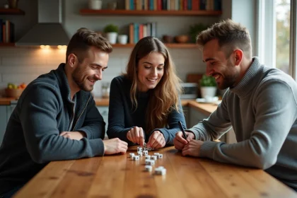 Trois adultes jouent à 421 dans une cuisine chaleureuse