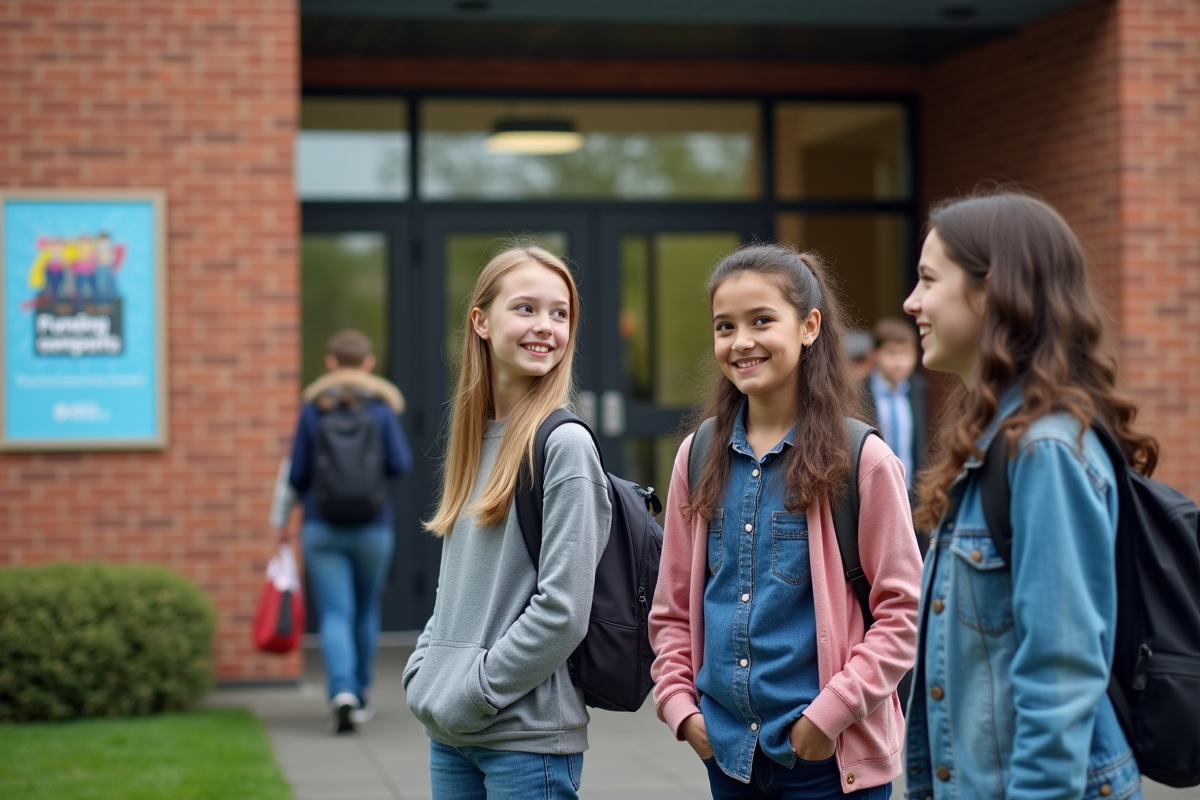 Groupes de lycéens devant une école avec affiche de campagne