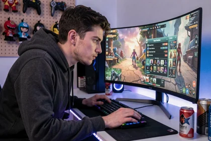 Joueur de League of Legends concentré devant son écran dans une configuration gaming moderne