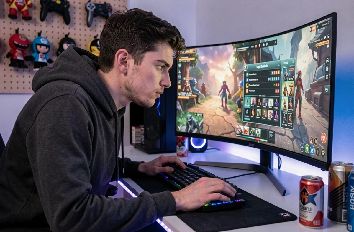 Joueur de League of Legends concentré devant son écran dans une configuration gaming moderne