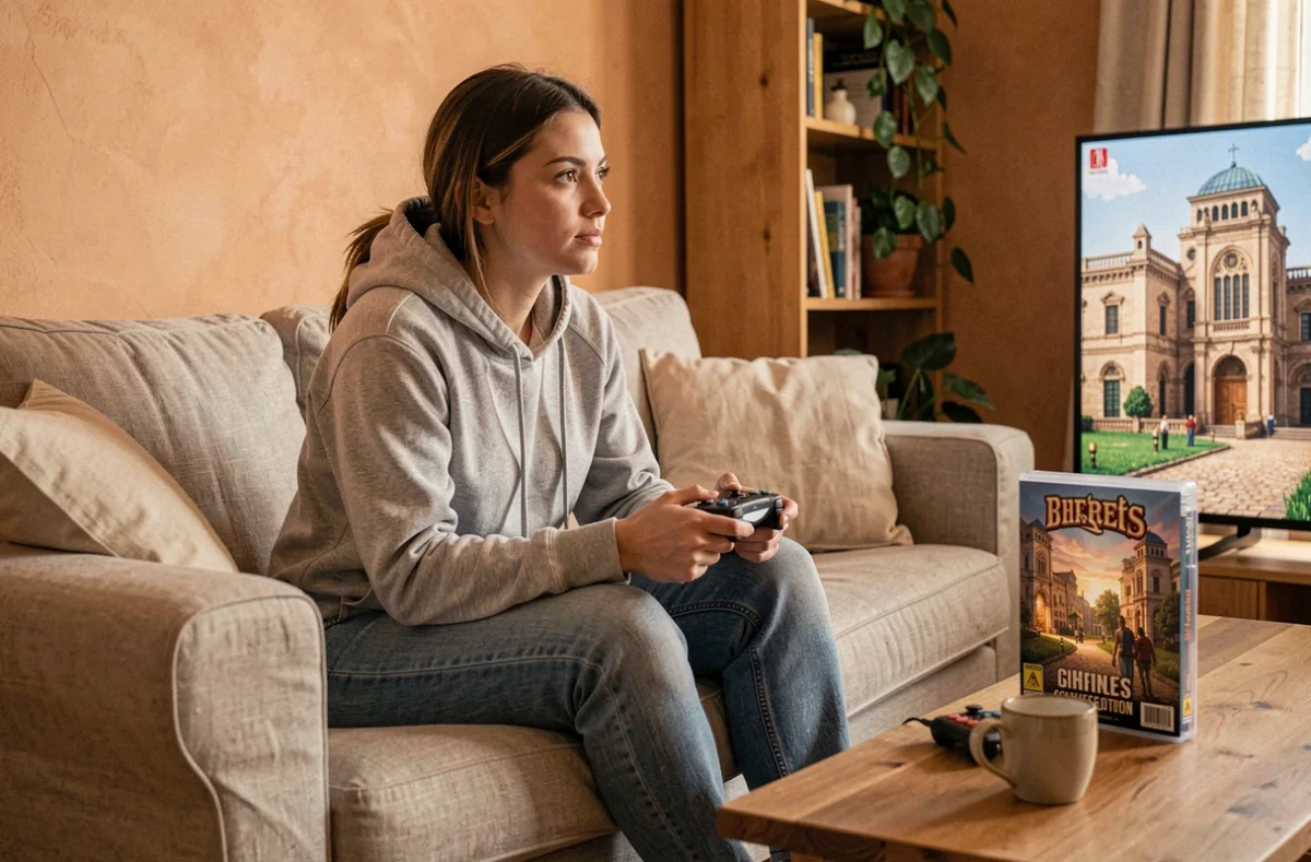 Jeune femme jouant à la trilogie Ezio Auditore sur console dans un salon cosy, manette en main et boîtier collector sur table basse