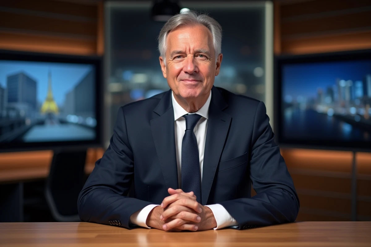 Journaliste français emblématique assis derrière un bureau de présentateur télévision, costume marine, expression de confiance et autorité