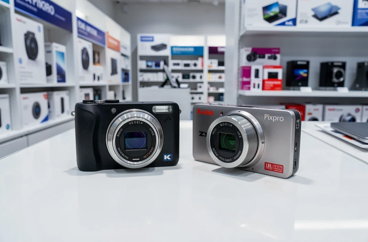 Comparaison d'appareils photo compacts dont le Kodak Pixpro FZ55 sur un présentoir de magasin d'électronique, meilleur achat 2026