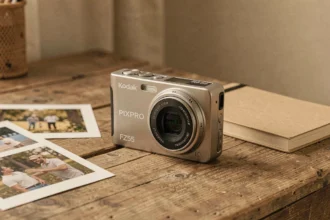Appareil photo compact Kodak Pixpro FZ55 posé sur un bureau en bois avec des tirages photo et un carnet, guide d'achat 2026
