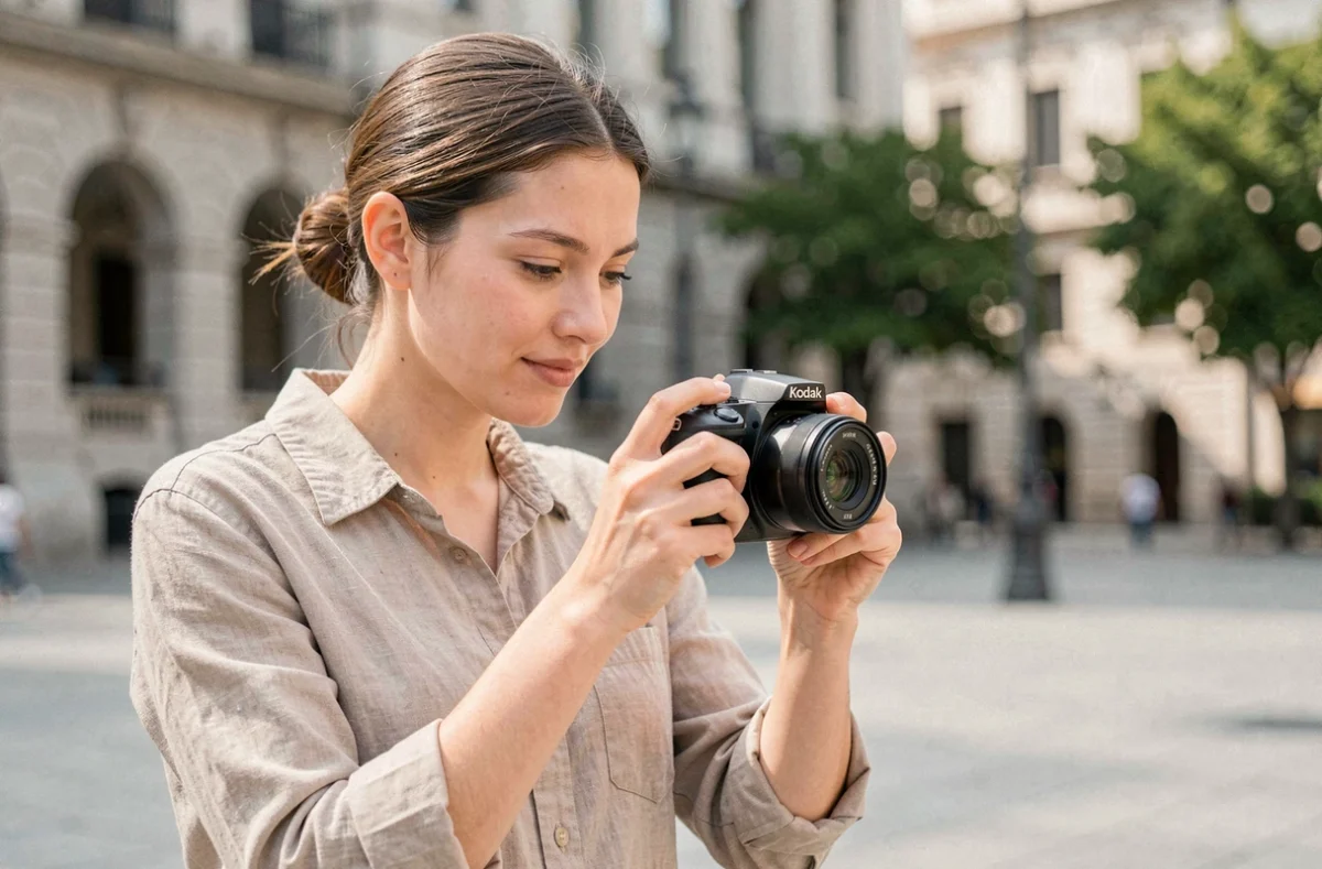 Femme utilisant un appareil photo Kodak Pixpro FZ55 en extérieur dans une place urbaine, test et avis 2026