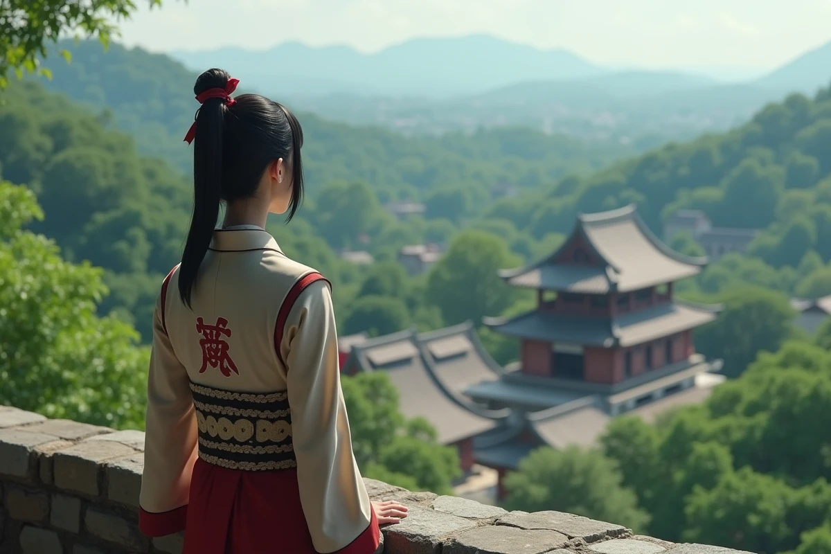 Femme leader du village observant la ville depuis un balcon