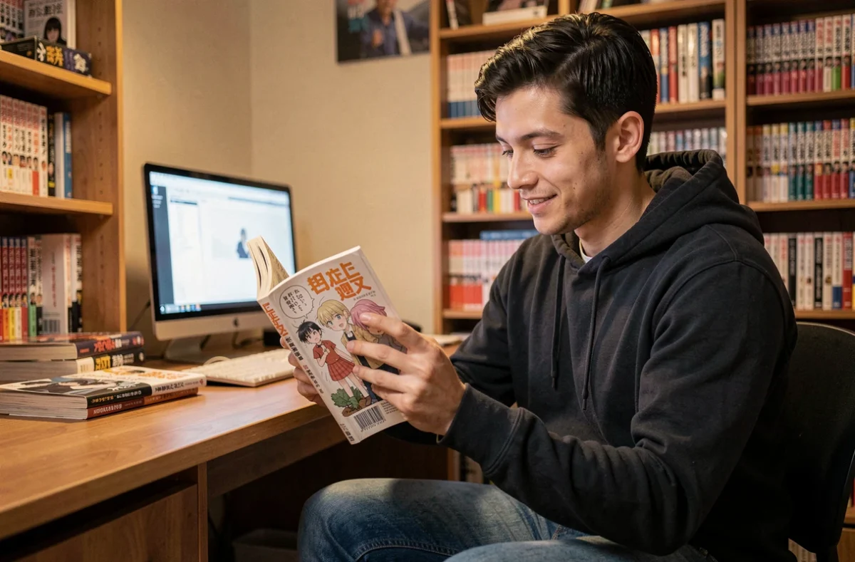 Jeune homme lisant un manga Solo Leveling à son bureau dans une chambre cosy avec des étagères remplies de mangas