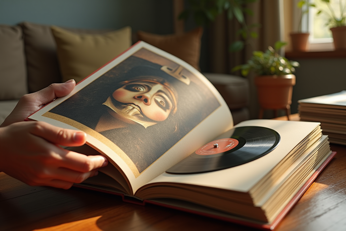 Main tenant un album de Mireille Mathieu dans un salon cosy
