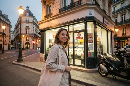Femme devant un magasin ouvert le dimanche soir à Montpellier avec enseigne Ouvert visible