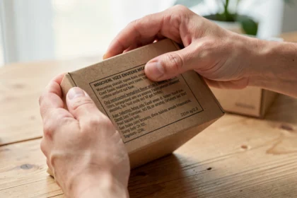 Mains lisant l'étiquette au dos d'un emballage de produit