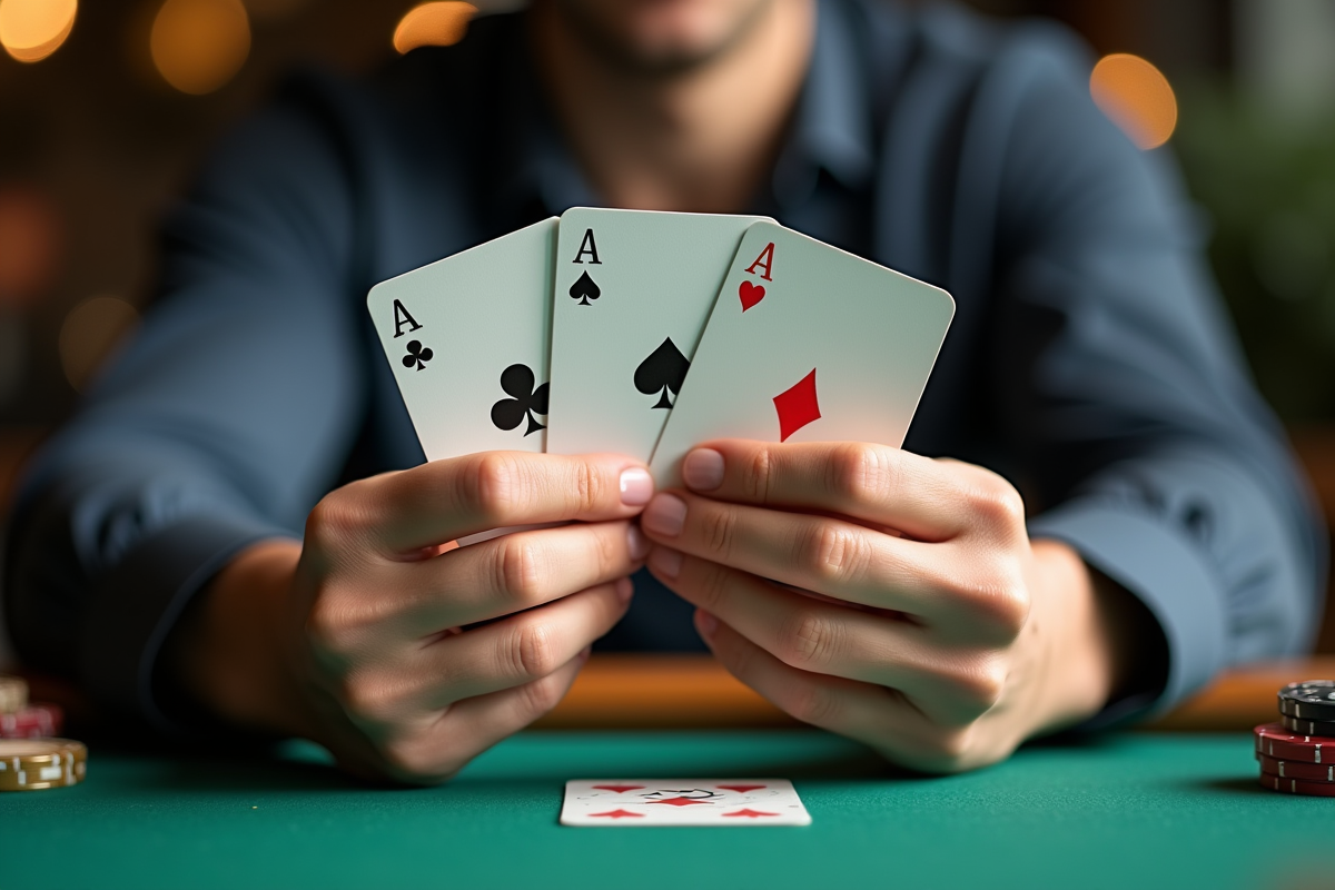 Mains tenant une combinaison gagnante de cartes Rami en gros plan