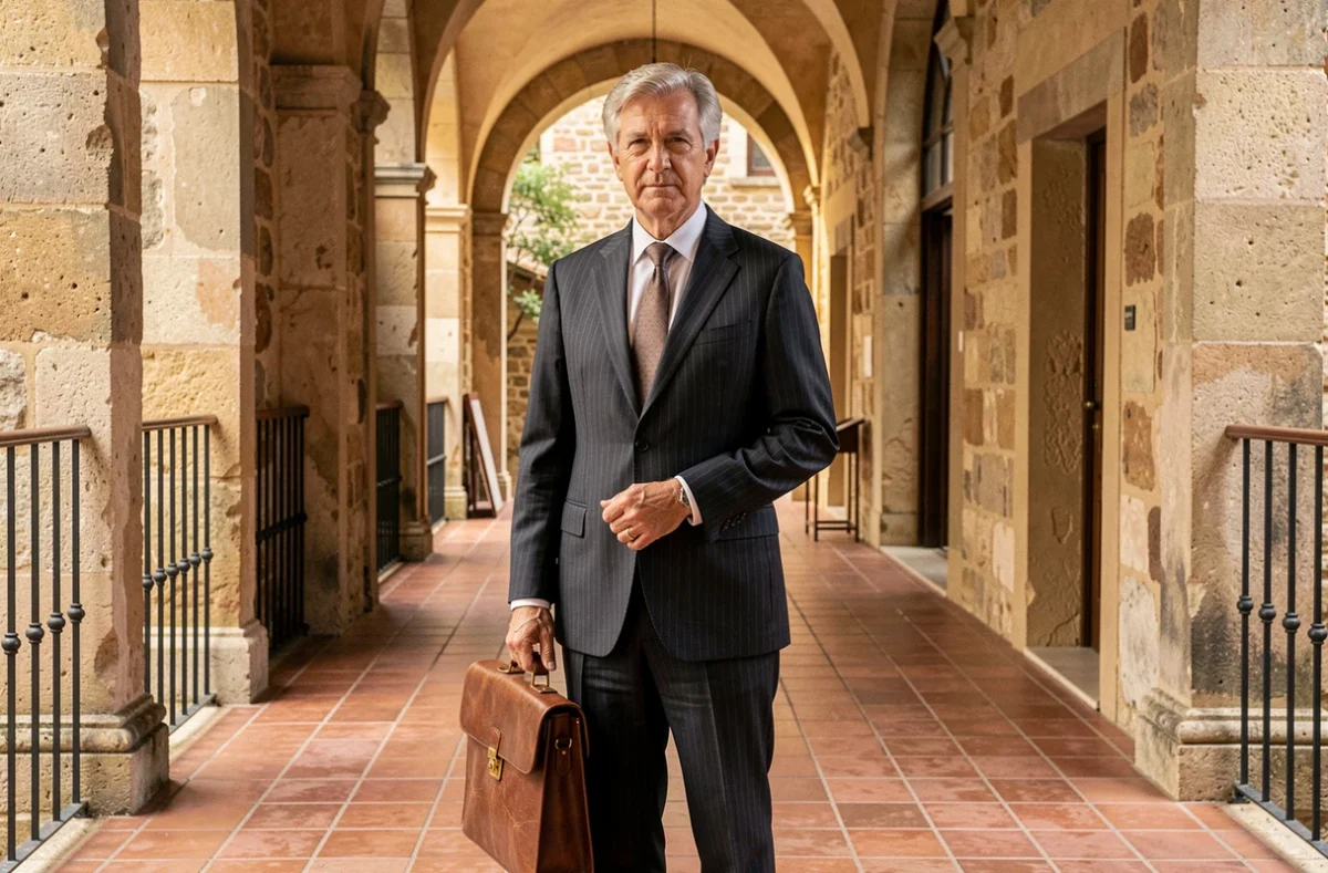 Maître Alain-Jacques Perez-Couffe, avocat senior dans un couloir de bâtiment historique à Perpignan