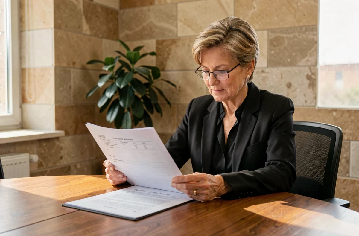 Maître Françoise Balaguer, avocate expérimentée consultant un dossier juridique à Perpignan