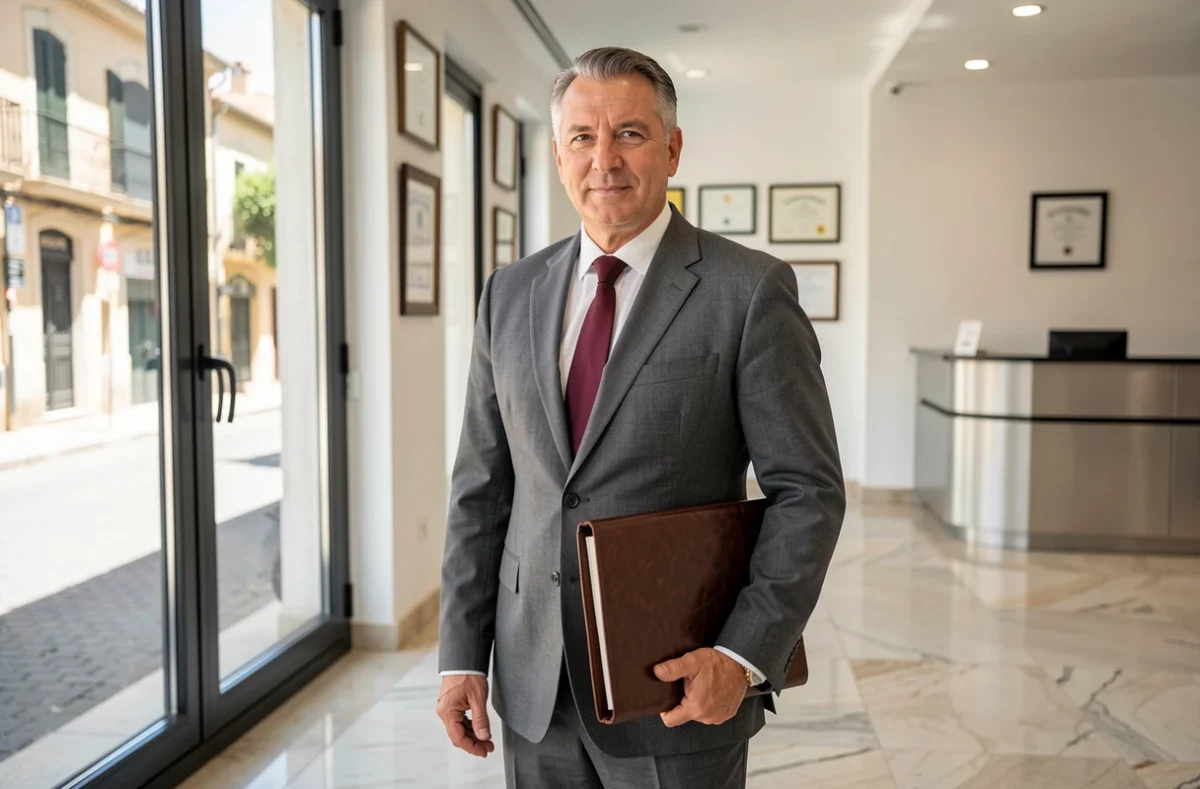 Maître Philippe Dalmau, avocat tenant un dossier juridique devant une fenêtre donnant sur Perpignan
