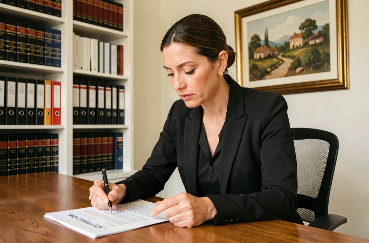 Maître Sarah Huot, avocate examinant un contrat juridique dans son cabinet à Perpignan