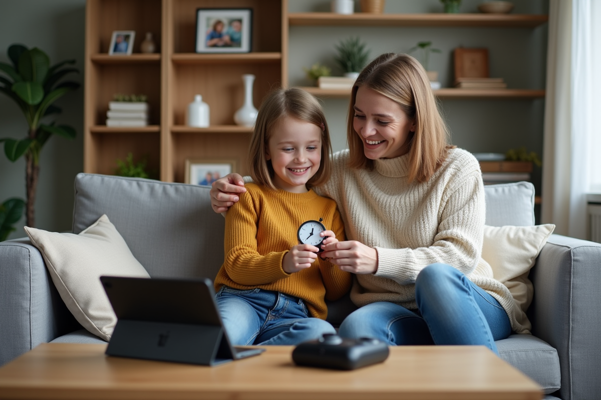 Maman et fille jouent ensemble avec un minuteur et console