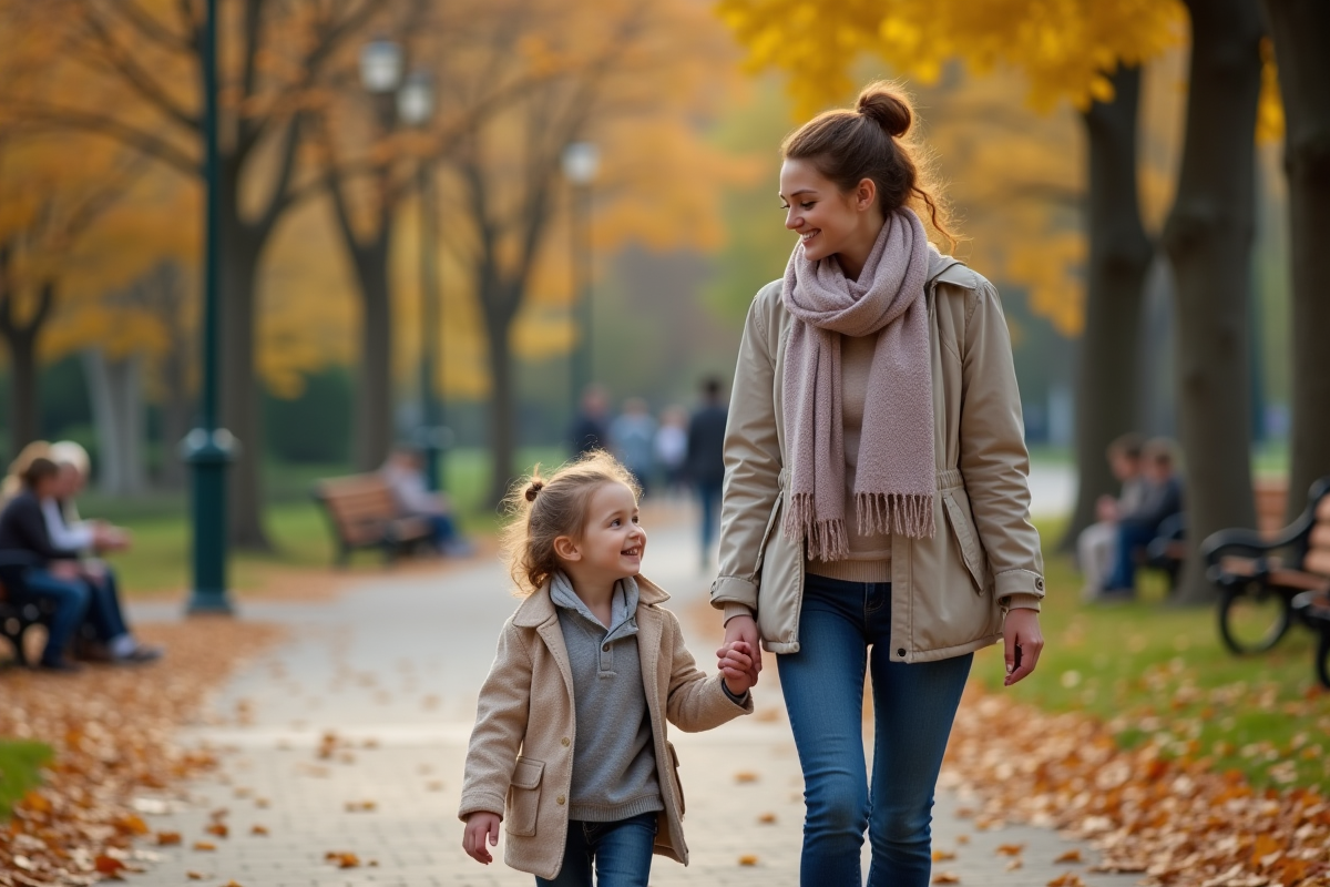 Une mère et sa fille se promènent dans un parc en automne