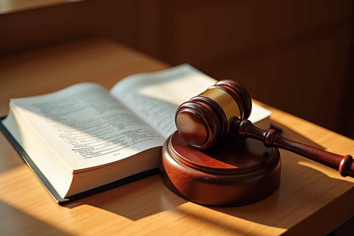 Gros plan d’un marteau de juge et d’un livre de lois sur un banc de tribunal