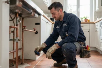 Plombier professionnel inspectant des tuyaux sous un évier dans une cuisine moderne du Var