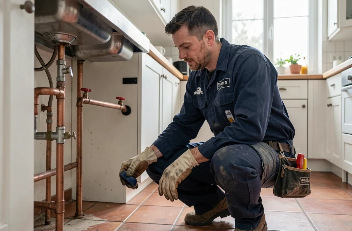 Plombier professionnel inspectant des tuyaux sous un évier dans une cuisine moderne du Var