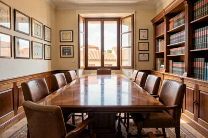 Bureau d'avocat à Perpignan avec table en bois, bibliothèque juridique et vue sur les toits de la ville