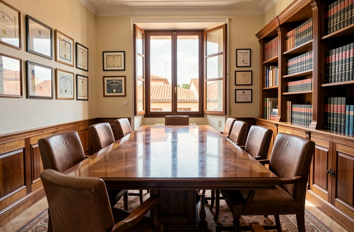 Bureau d'avocat à Perpignan avec table en bois, bibliothèque juridique et vue sur les toits de la ville