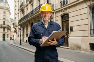 Électricien professionnel devant un immeuble résidentiel à Colombes, représentant les meilleurs électriciens de la ville