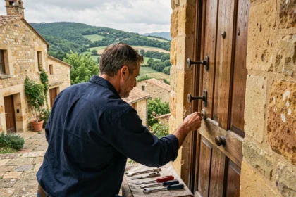 Serrurier professionnel travaillant sur une porte en bois dans un village du Lot, avec paysage de pierres calcaires en arrière-plan
