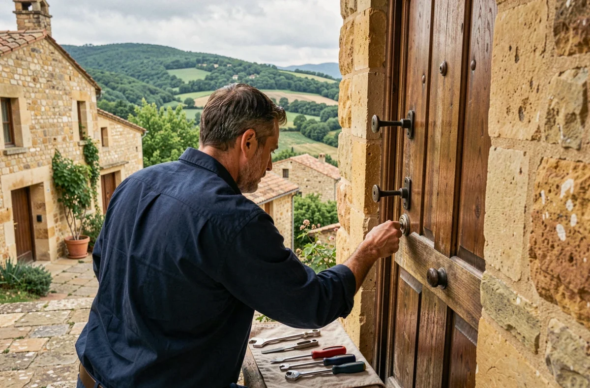 Serrurier professionnel travaillant sur une porte en bois dans un village du Lot, avec paysage de pierres calcaires en arrière-plan