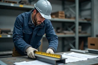 Ingénieur mesurant une cornière en L en acier avec un mètre ruban dans un atelier industriel