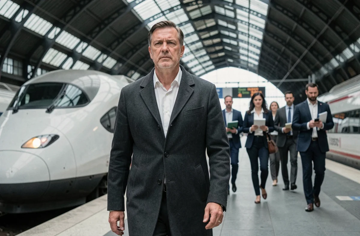 Ministre des Transports en visite sur un quai de gare TGV en France, entouré de conseillers en 2026