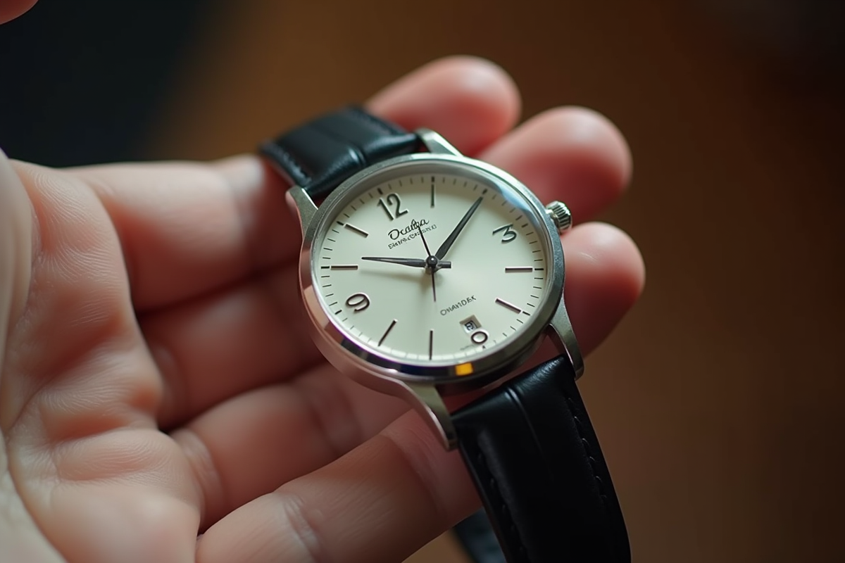 Montre-bracelet analogique tenue dans la main avec 4h44