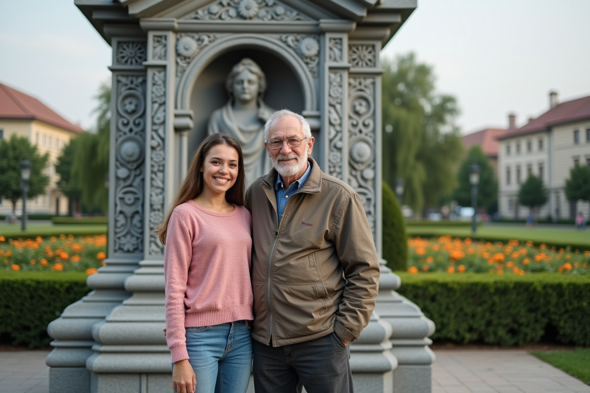 Adolescent et homme âgé devant monument en pierre